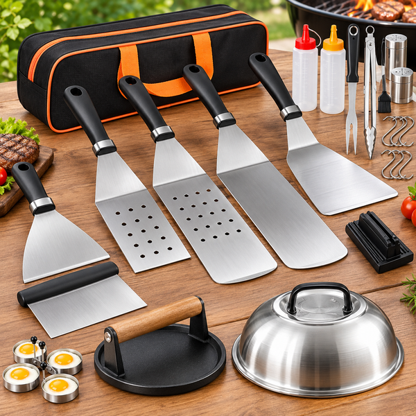 Stainless Steel BBQ Grill Tool Set with Burger Press