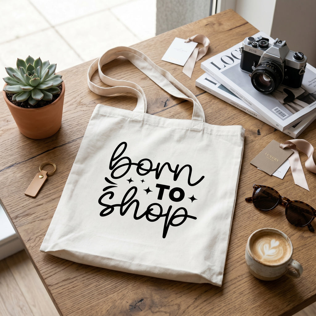 Born To Shop tote on a wooden table with a potted succulent, film camera, magazines and a latte