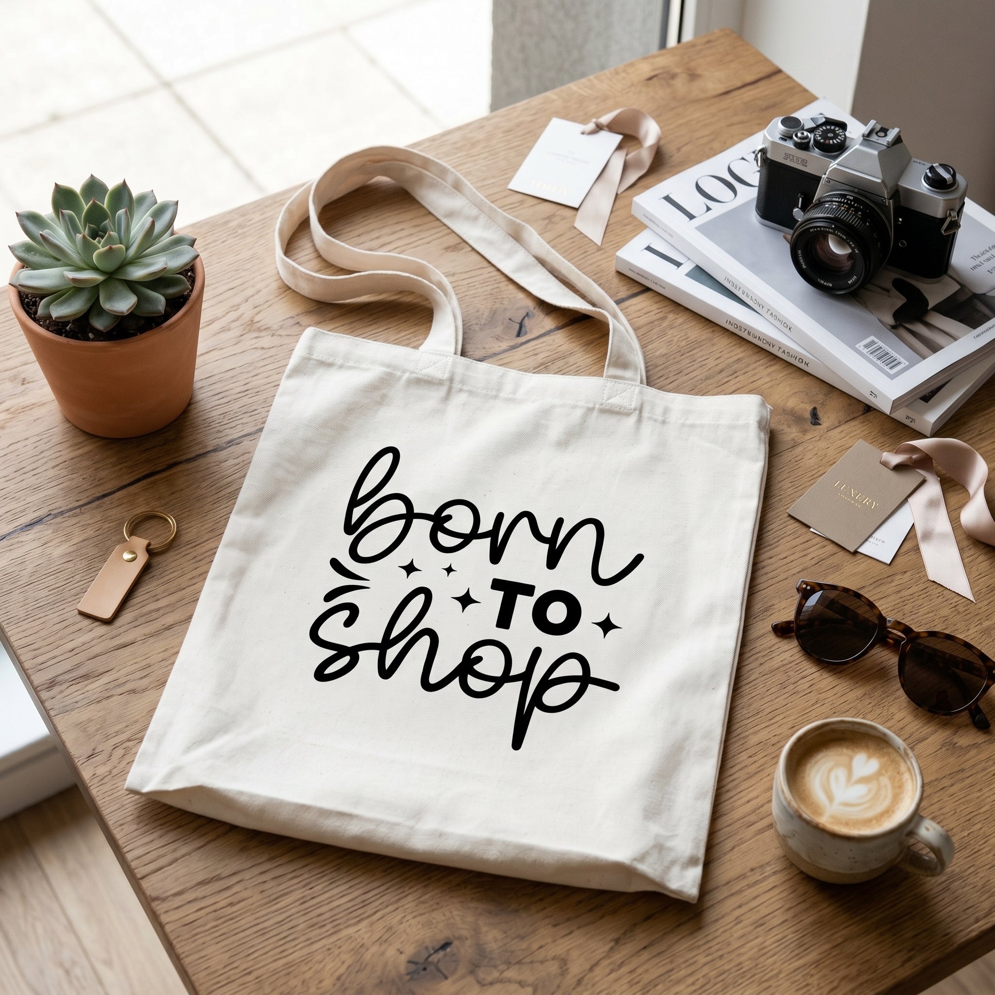 Born To Shop tote on a wooden table with a potted succulent, film camera, magazines and a latte
