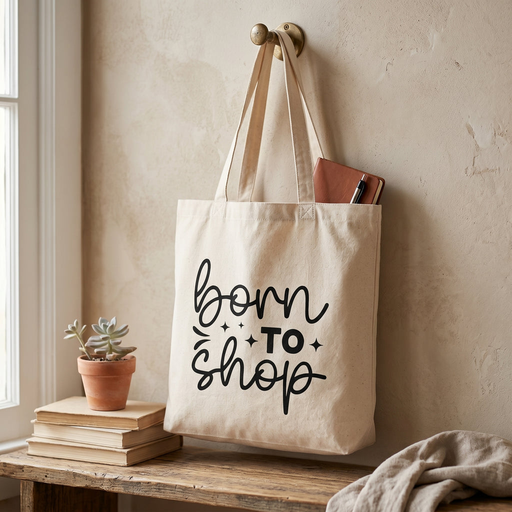 Born To Shop tote hanging from a brass hook with a notebook inside, succulent on books below