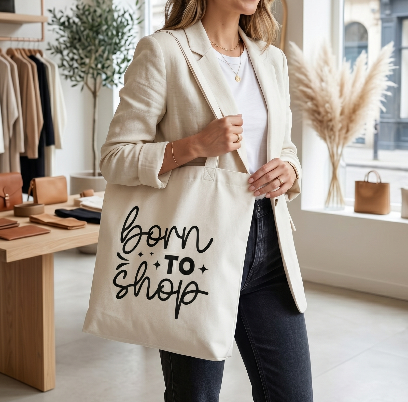 Woman in a cream blazer carrying the Born To Shop tote through a boutique with pampas grass