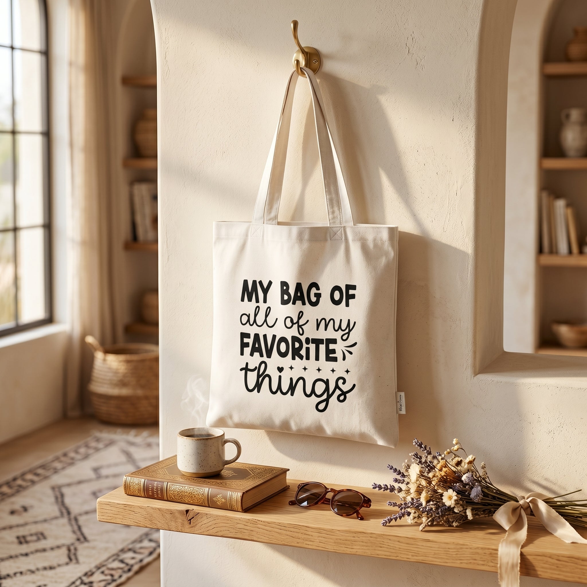 Favorite Things tote hanging on a hook above a shelf with a mug, book, glasses and dried flowers