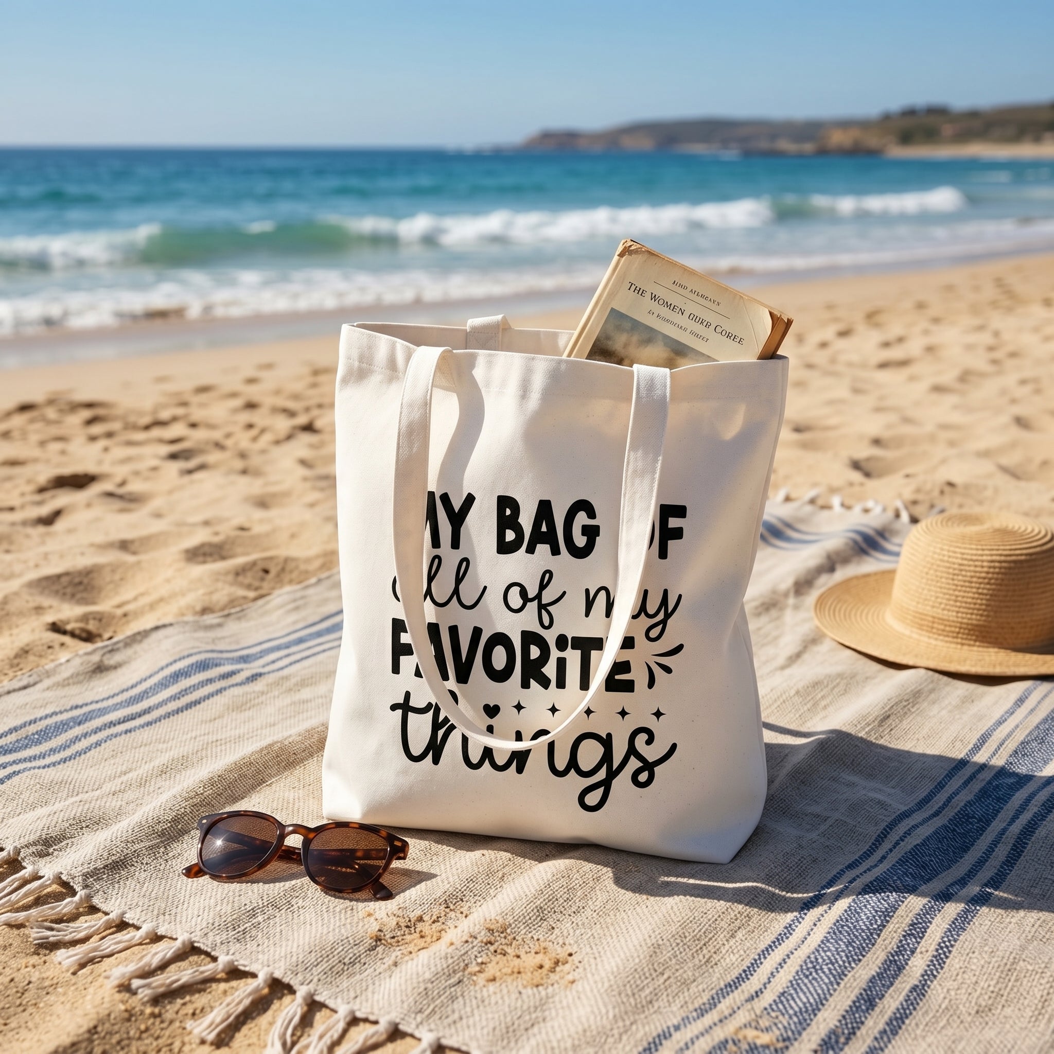Favorite Things tote upright on a striped beach towel with a book inside, sun hat and sunglasses