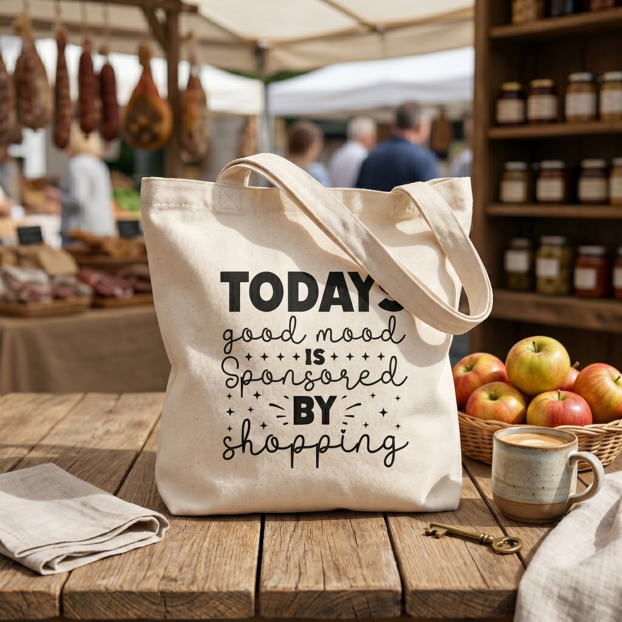Good Mood tote standing on a market stall table with apples, a coffee cup and hanging charcuterie