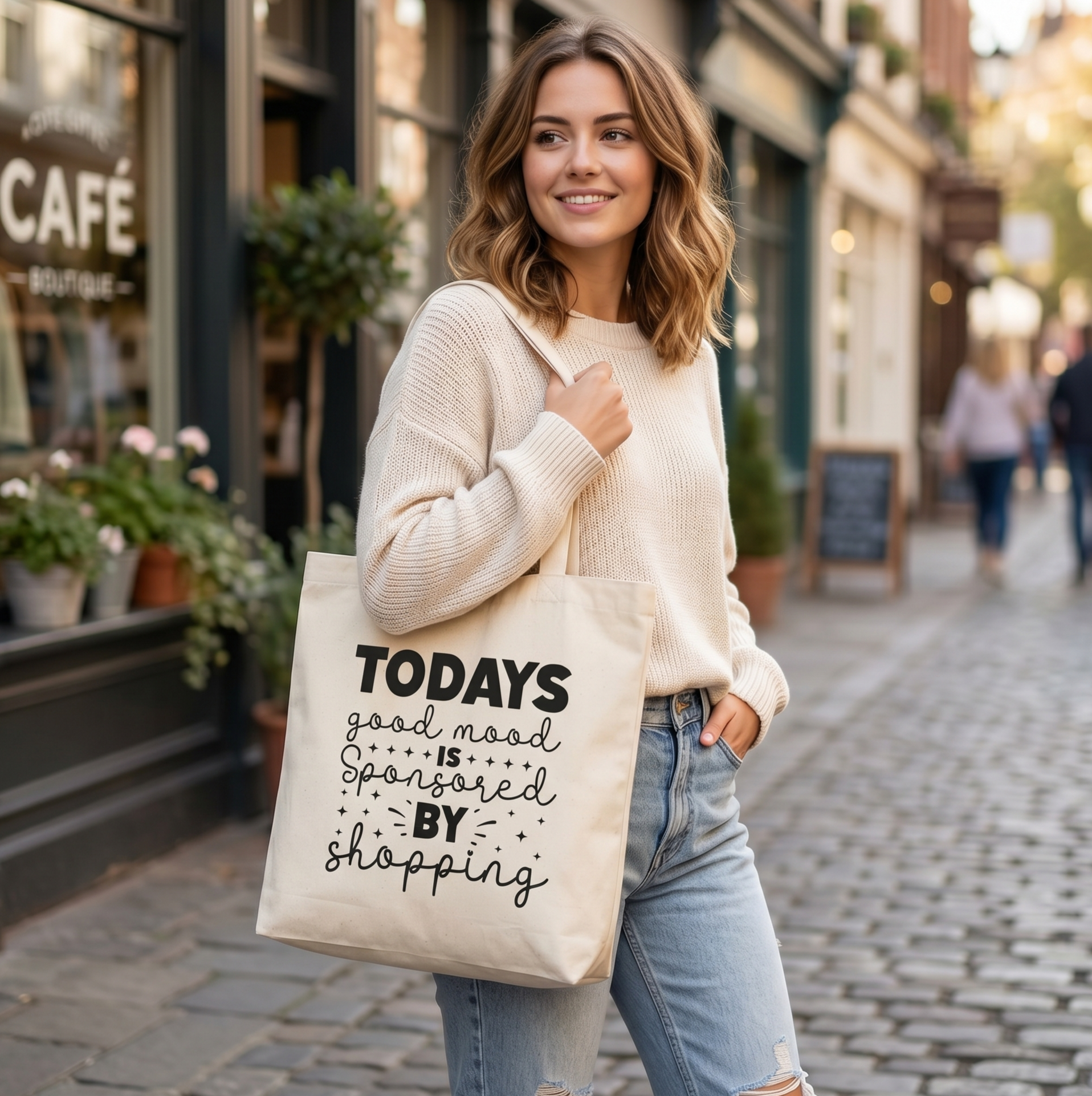 Woman in a cream jumper carrying the Good Mood tote along a cobbled street past a cafe