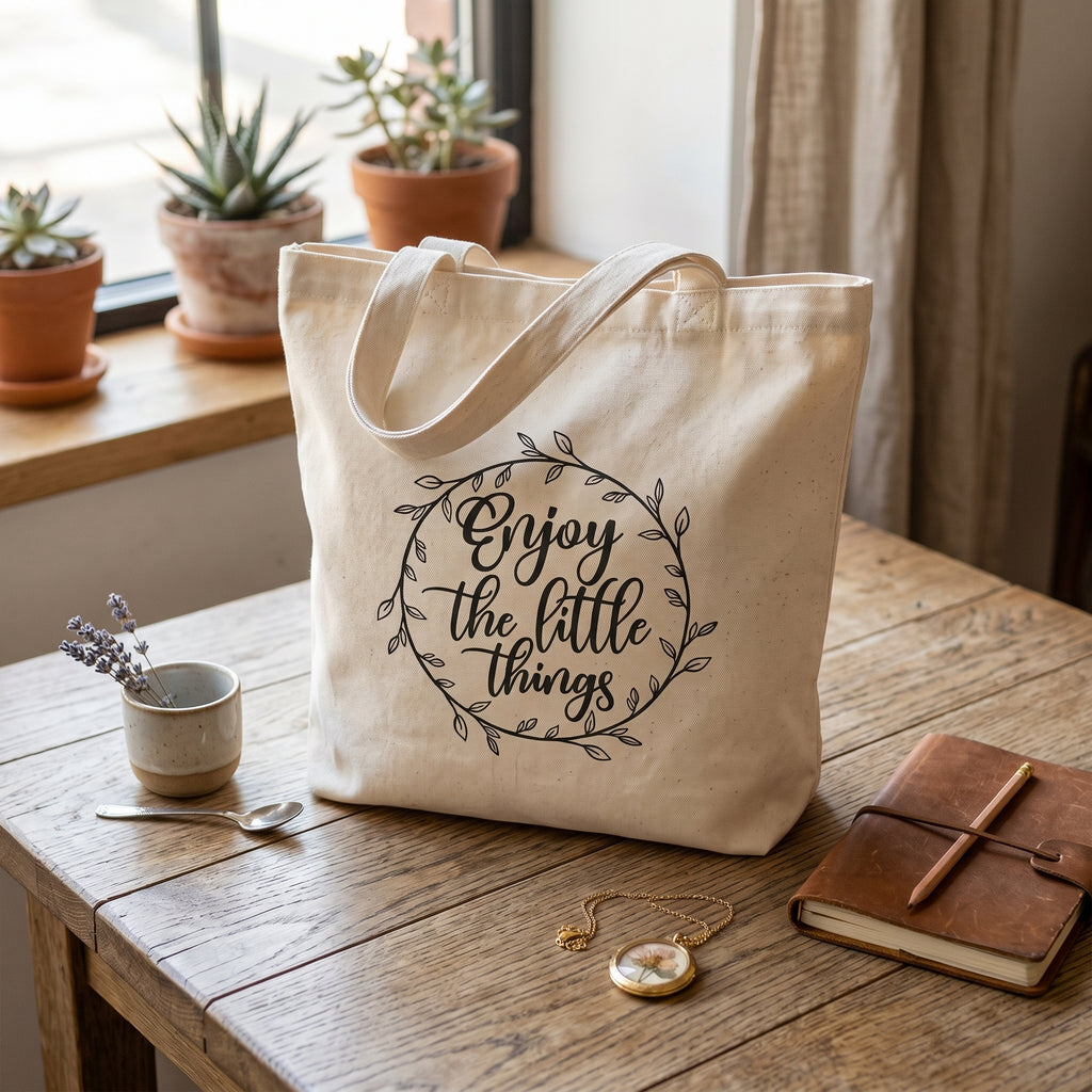 Enjoy the Little Things tote upright on a rustic table with a gold pocket watch, spoon and journal