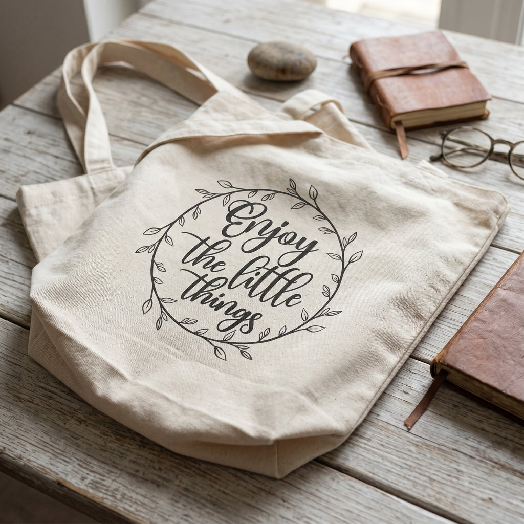 Enjoy the Little Things tote on weathered white boards with leather books, a pebble and round glasses
