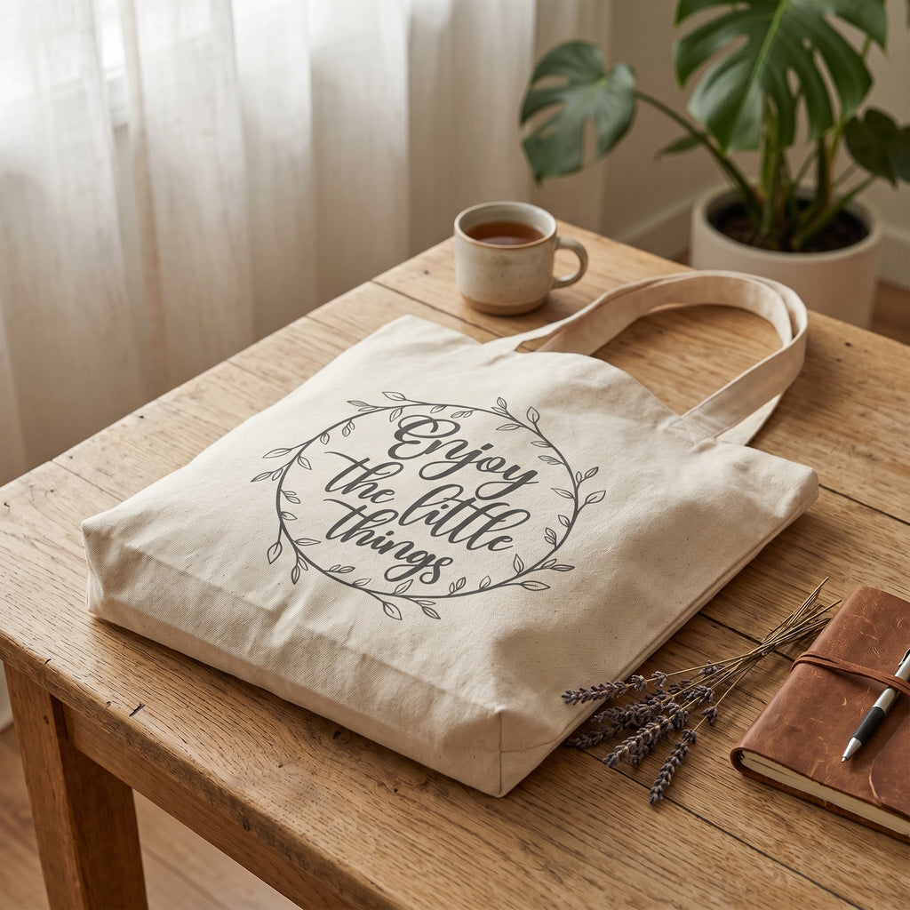 Enjoy the Little Things tote flat on a table by a sheer-curtained window with tea and a monstera