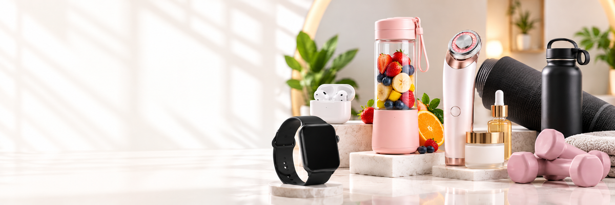 Smartwatch, wireless earbuds, portable blender, skincare device, water bottle, yoga mat and dumbbells in a sunlit room
