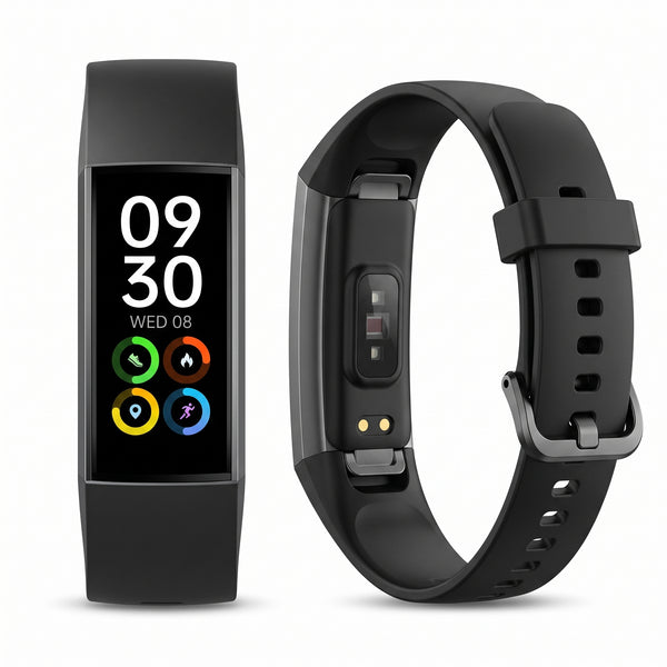 Plovera Icon fitness tracker in Black, front and back views, showing the 1.1 inch AMOLED display and the optical heart rate sensor