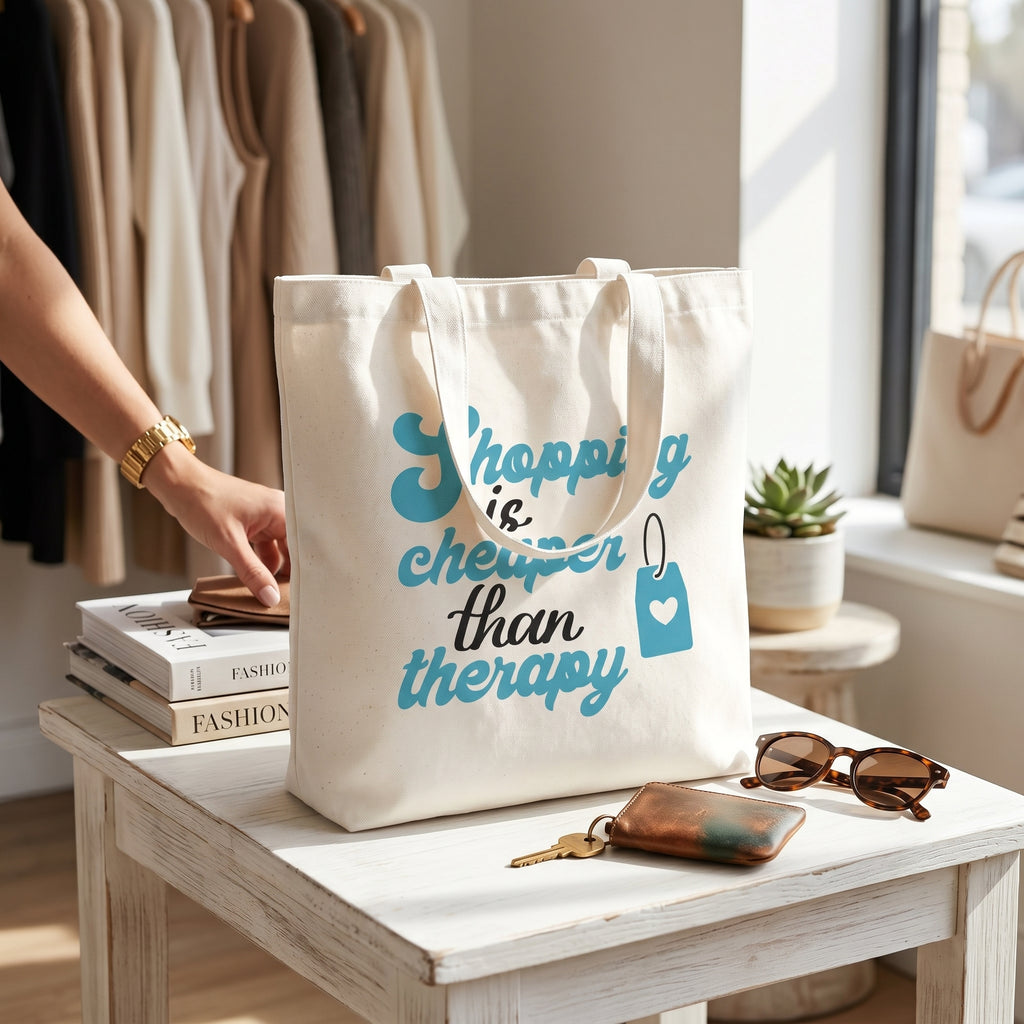 Shopping Is Cheaper Than Therapy tote on a white boutique side table beside keys and sunglasses