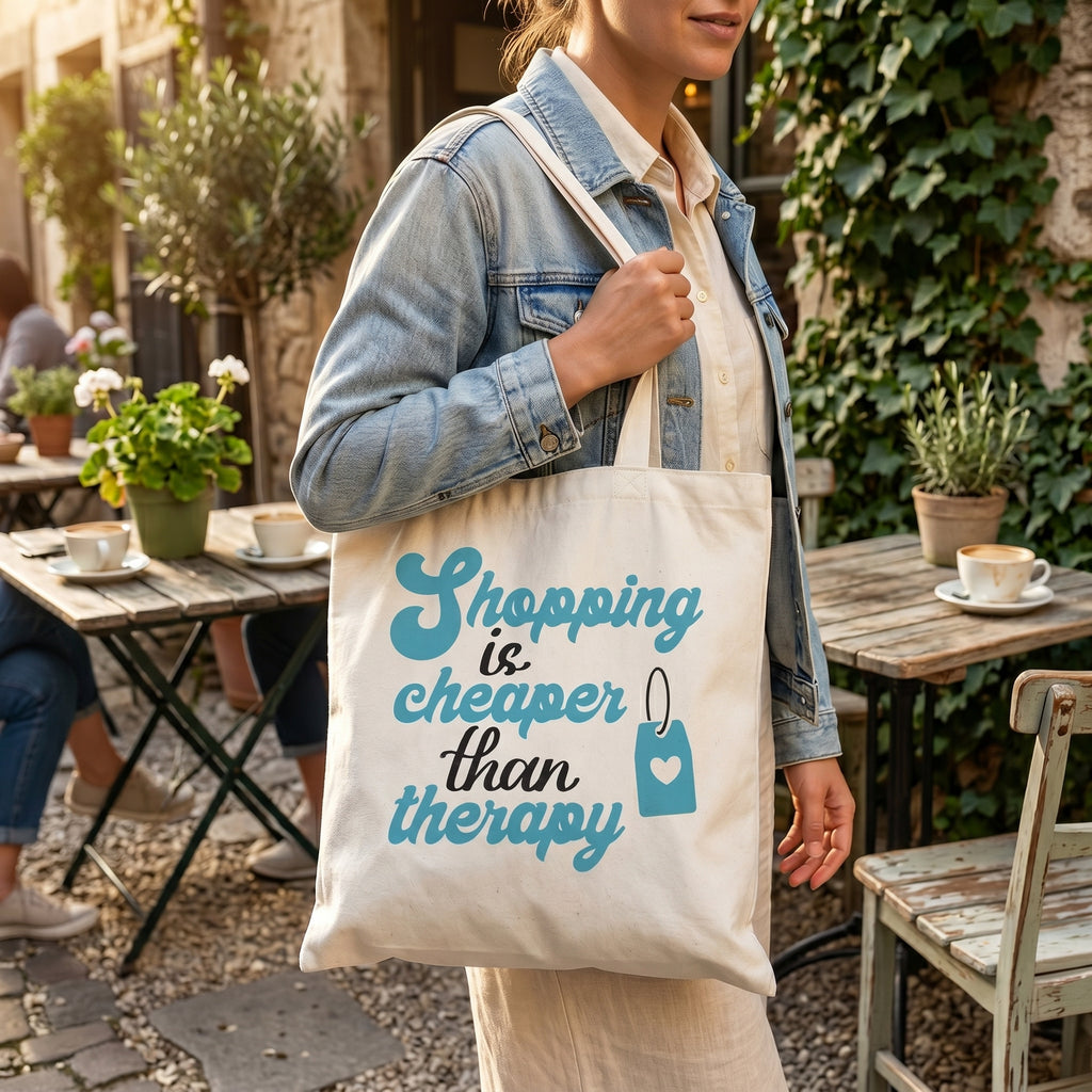Woman in a denim jacket carrying the Shopping Is Cheaper Than Therapy tote past a pavement cafe