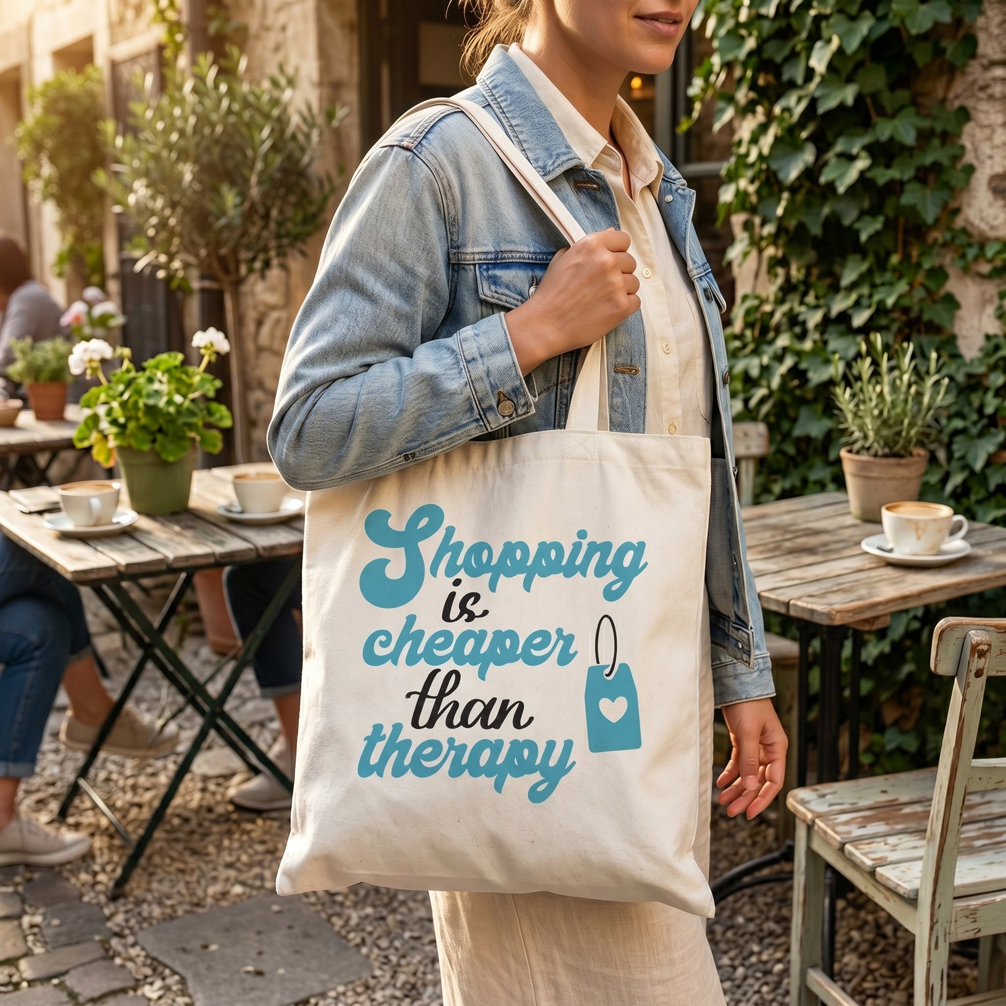 Woman in a denim jacket carrying the Shopping Is Cheaper Than Therapy tote past a pavement cafe