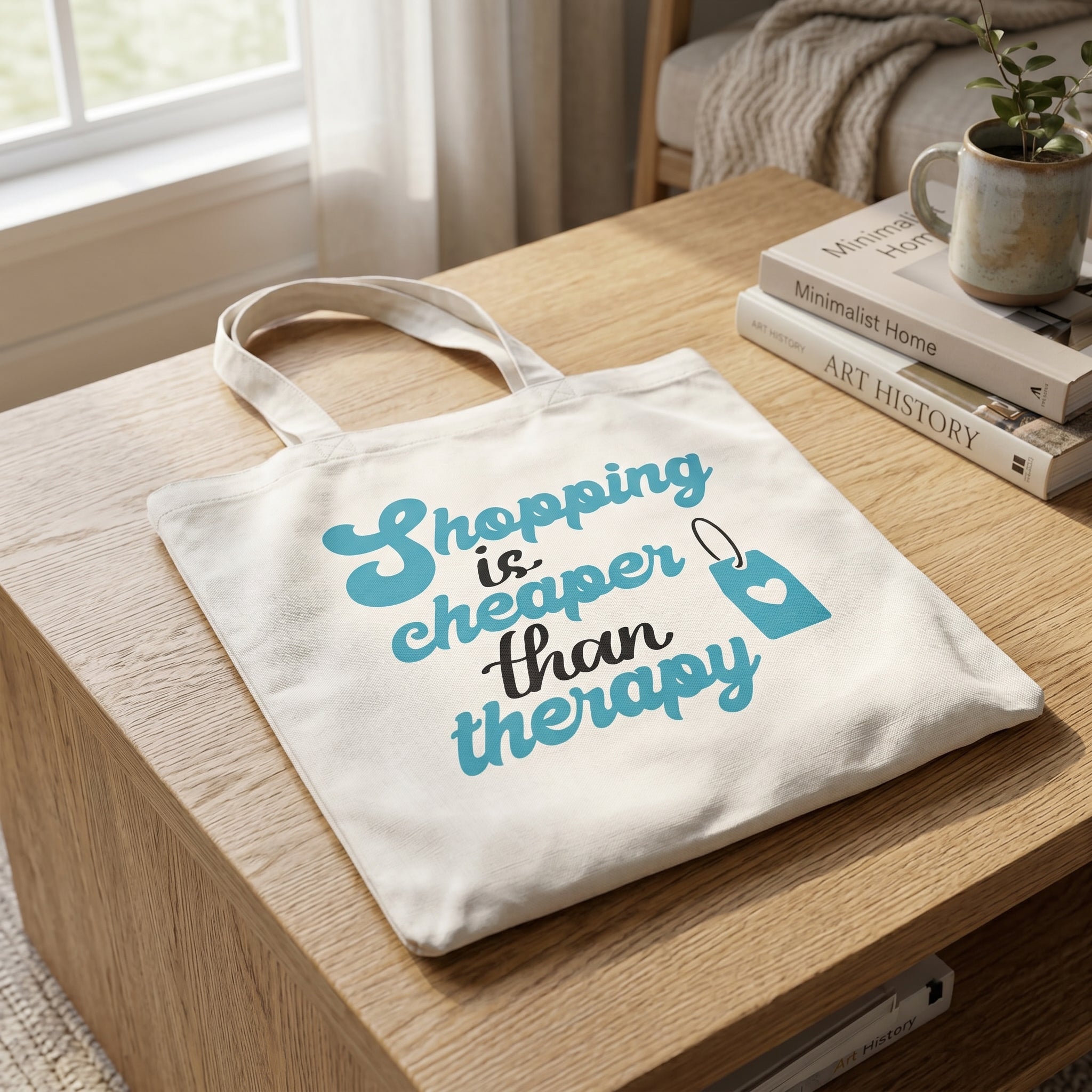Shopping Is Cheaper Than Therapy tote on an oak coffee table beside stacked books and a plant