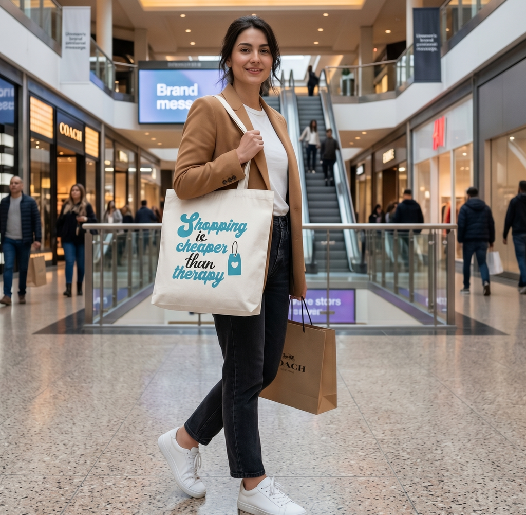 Woman in a tan blazer carrying the Shopping Is Cheaper Than Therapy tote through a shopping centre