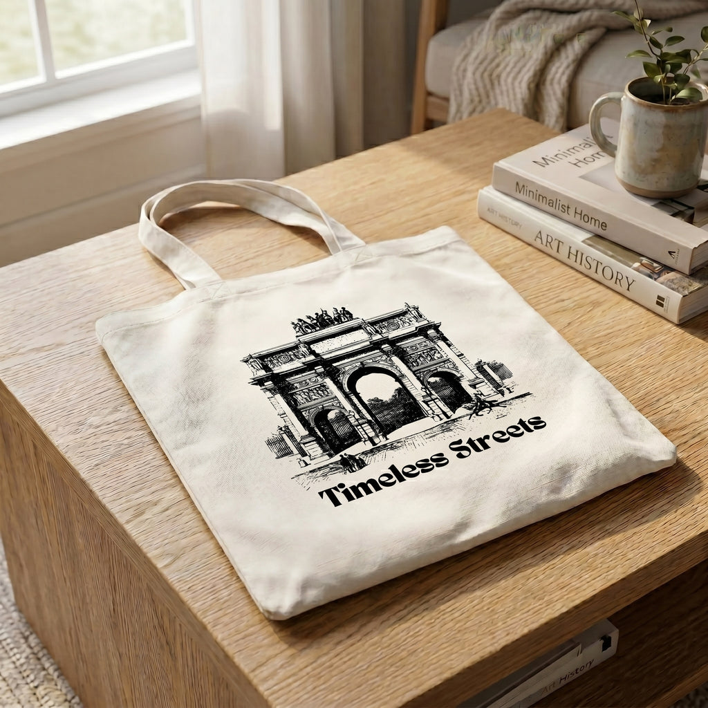 Timeless Streets tote on an oak coffee table beside stacked design books and a potted plant