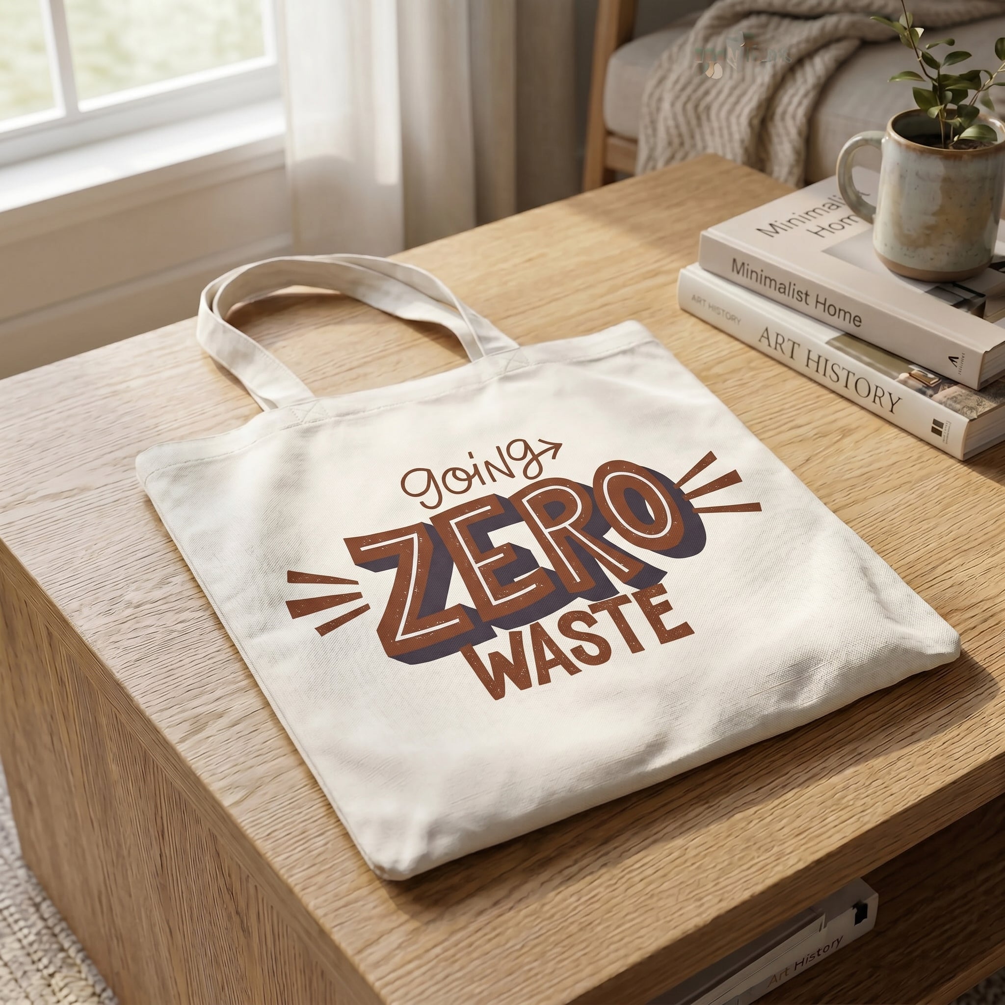 Going Zero Waste tote on an oak coffee table beside stacked design books and a potted plant